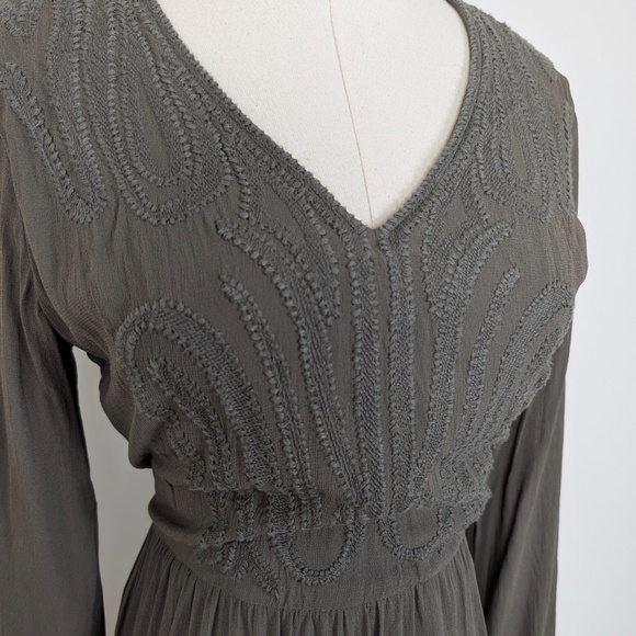 EDC Mini Dress Olive Khaki Green V-Neck Balloon Sleeve Embroidered Long Sleeve - Picture 6 of 13